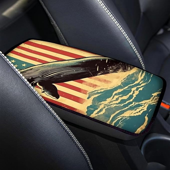 Car Center Console Pad, Universal Waterproof Car Armrest Seat Box Cover, Car Interior Accessories for Most Vehicle SUV Truck Vintage American Flag Whale Car Armrest Pad