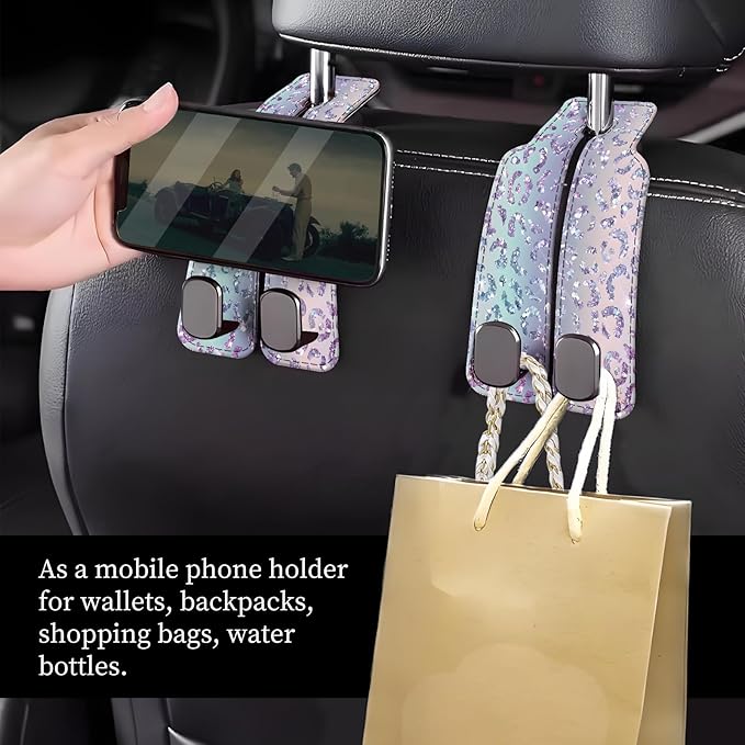NUGGHU Car Seat Headrest Hook, Universal Leather Cute Hanger Holder Hook, Storage Organizer Interior Accessories for Purse Bags Handbag Glitter Purple Leopard