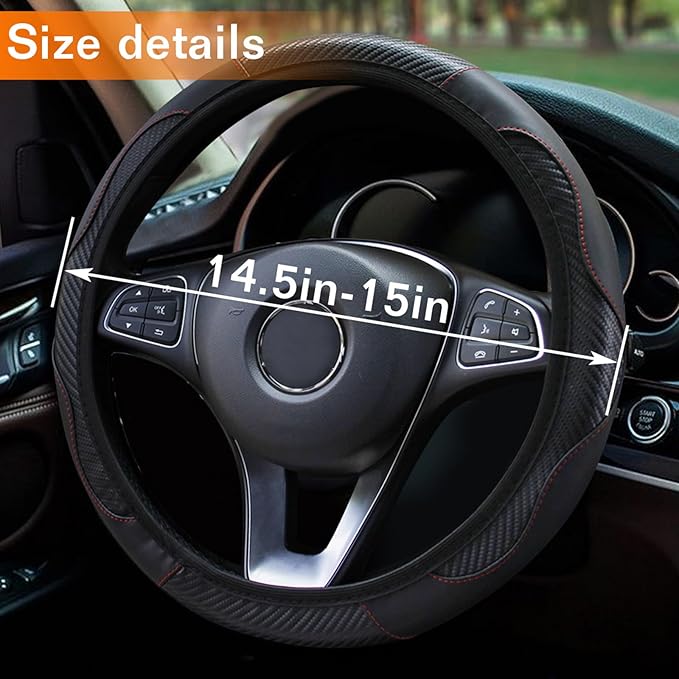 Car Steering Wheel Cover, 15 inch Carbon Fiber Microfiber PU Leather Elastic Steering Wheel Protector for Unisex, Anti-Slip Breathable Car Interior Accessories for Most Cars (Black)