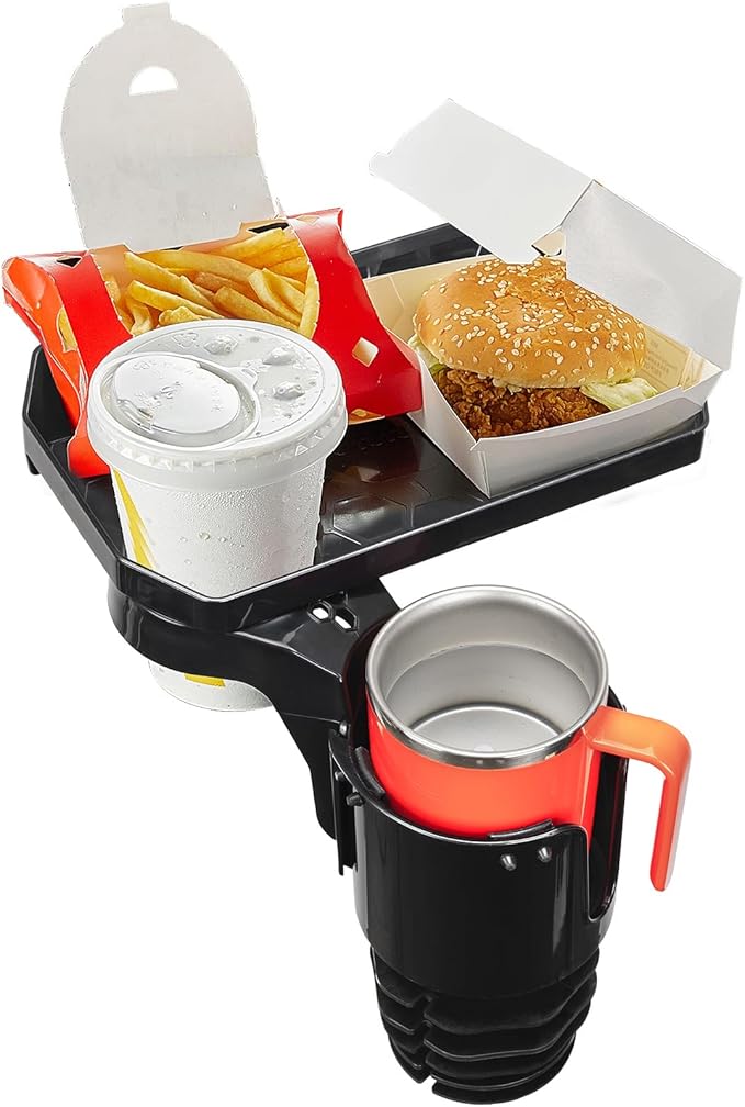 JOYTUTUS Cup Holder Tray, 10 inch Car Food Tray for Eating with Phone Holder, Car Cup Holder Expander and 360° Rotating Car Cup Holder Tray Table fit in 2.75-3.25 inch Car Holder, Travel Essentials