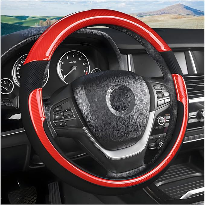 Universal Steering Wheel Cover - Microfiber Leather, 15 Inch, Anti-Slip, Breathable, Odorless Car Steering Wheel Protector, SUV Accessories (Bright Black/Red)