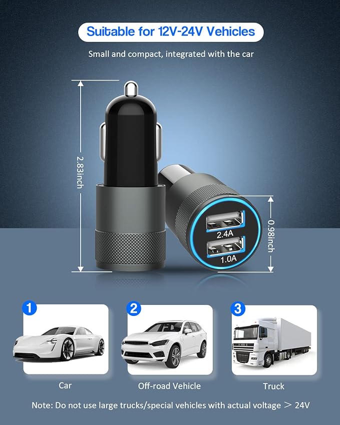 Apple MFi Certified iPhone Car Charger, 3.4A Fast Charge Dual Port USB Cargador Carro Lighter Adapter, Metal Cigarette Lighter [2Pack] Lightning Cable for iPhone/iPad/Airpods