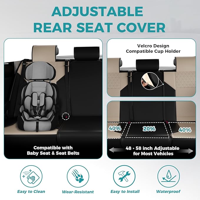 FEINEPRO Black and Beige Car Seat Covers Only Front 2pc - Breathable Faux Leather Universal Seat Covers for Cars, Automotive Protector Fit for Most Sedan SUV Pick-up Truck