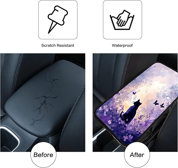 JANENFNA Car Armrest Cover Pads Universal Fashion Cute Auto Center Console Armrest Cover Pad with 2PCS Car Coasters Soft Waterproof Car Armrest Seat Protector for Women,Purple Flower Sea Cat