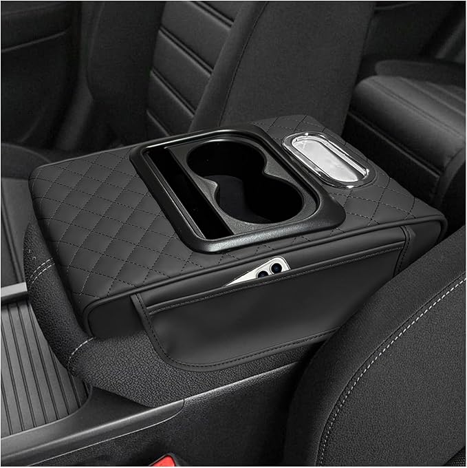 Car Center Console Armrest Pillow, 5-in-1 Armrest Cushion w/ 2 Side Bags, Tissue Box Slot, Cup & Phone Holder, Multifunctional Leather Arm Rest Cover Storage Organizer (Black, Embroidered)