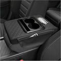 Car Center Console Armrest Pillow, 5-in-1 Armrest Cushion w/ 2 Side Bags, Tissue Box Slot, Cup & Phone Holder, Multifunctional Leather Arm Rest Cover Storage Organizer (Black, Embroidered)