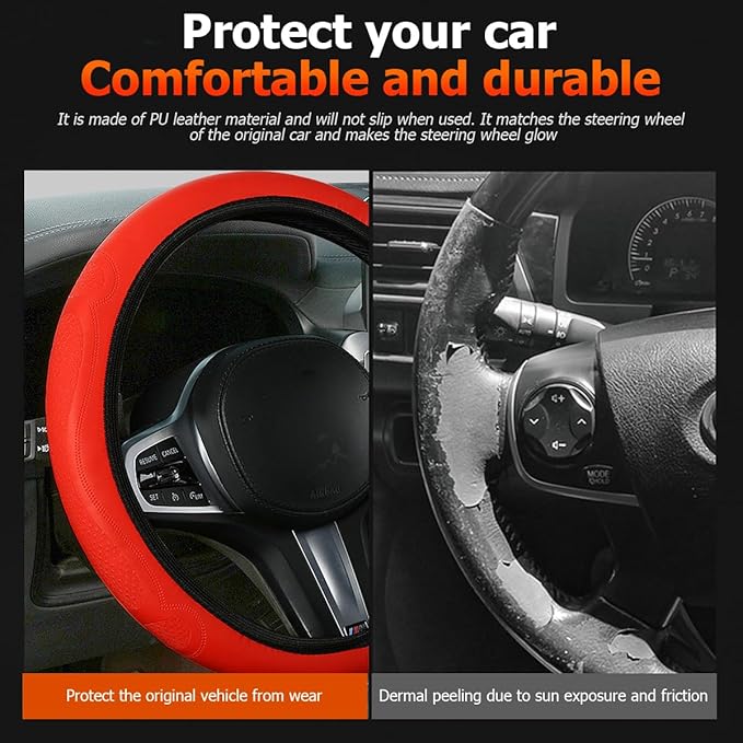 Car Steering Wheel Cover, 15 Inch Leather Soft Elastic Stretch Anti Slip Auto Steering Wheel Wrap Guard, Breathable Vehicle Interior Accessories, Universal for SUV RV Truck (Red)
