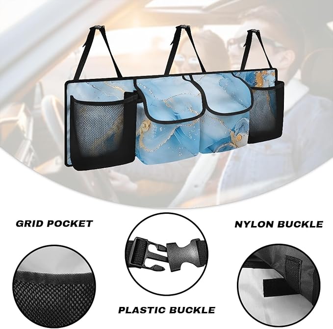 CLOHOMIN Blue Marble Print Car Trunk Organizer Sturdy Backseat Hanging Organizer Collapsible Backseat Storage Organizer for Car Easy to Install Car Organizer Bag
