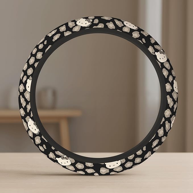 Cute Steering Wheel Cover for Women, Machine Washable Universal 14.5-15.5 inch Non-Slip Grip All Weather Use (Black Leopard Cats)