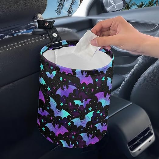 Colorful Bat Print Car Garbage Can Small Trash Can with Leak Proof Inside Liner and Hanging Strap Car Organizer Portable Vehicle Essentials