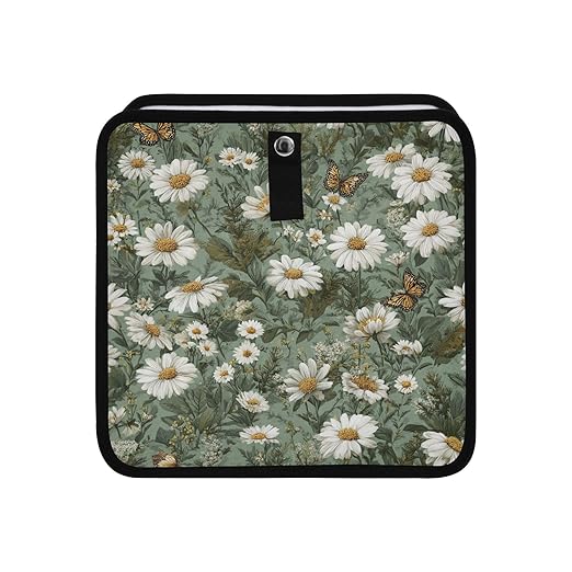 Car Trash Can Organizer Bin with Adjustable Strap for Back Front Seat Console Waterproof Leakproof Collapsible Portable 11 Inch Summer Daisy Butterfly Green