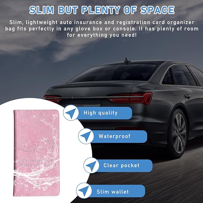 Ziciner Car Registration and Insurance Holder, Auto Card Document Glove Box Organizer with Magnetic Closure, Universal Vehicle Interior Accessories for Cars SUVs (Pink-Large)