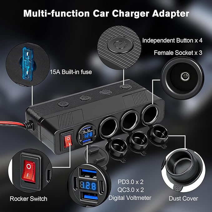 7 in 1 Cigarette Lighter Socket Splitter, 3 Socket Car Charger Adapter with 4 Ports PD66W/QC18W USB Outlet | Independent Switches | Digital Voltmeter, 12V/24V Power Outlet for All Car Devices