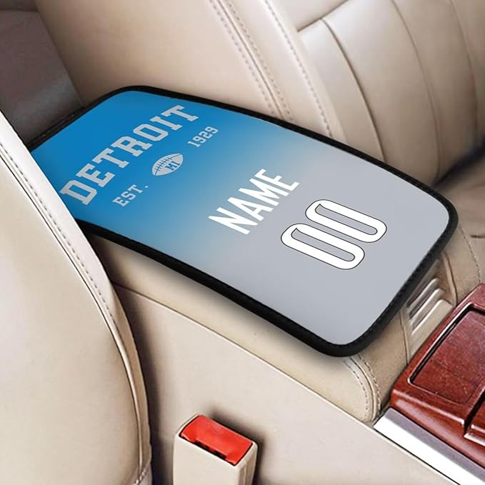 Custom Car Armrest Cover,Add Personalized Name and Number As Gifts for Loyal Football Fans,Auto Center Console Pad Car handrail Box Cushion,Fit for Most Car