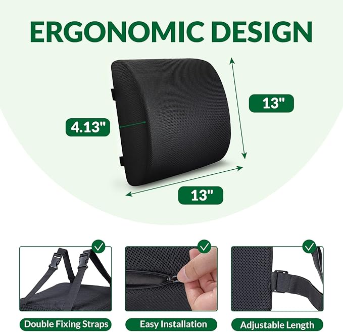 FuturaLoom Lumbar Support Pillow for Office Chair Car Seat,Charcoal Memory Foam Chair Back Cushion for Back Pain Relief with Double Adjustable Straps