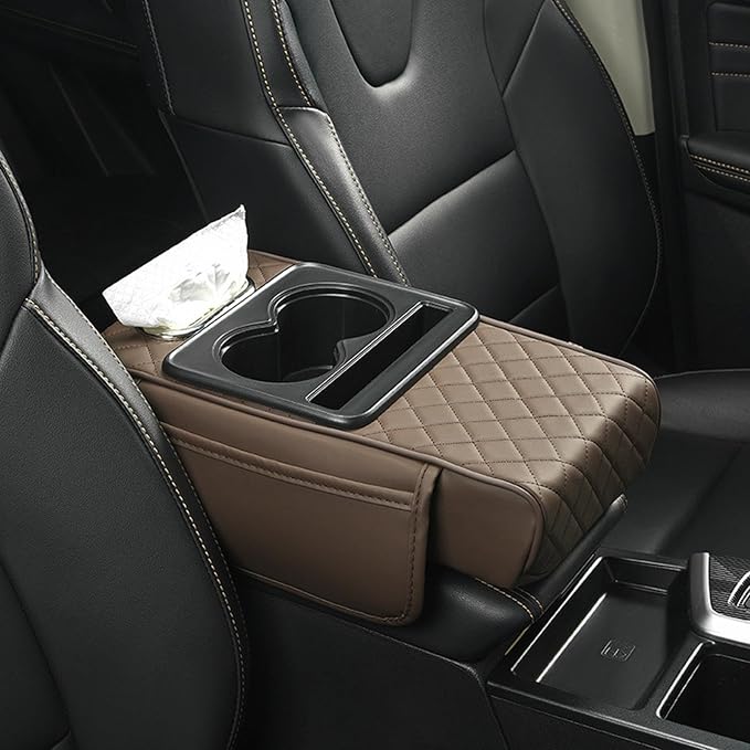 2025 New Auto Center Console Armrest Cushion with 2 Cup Holder, Car Center Console Armrest Pillow, Memory Foam Arm Rest Box Protector for Most Vehicles, Car Accessories (Brown)