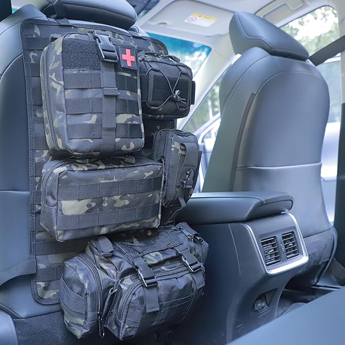 BXBXHD 6 Pack Tactical Truck Organizer Back Seat Storage Car Seat Storage Bag Molle Panels for vehicles, Car and SUV with Lots of Handy Compartments (Black Camo)