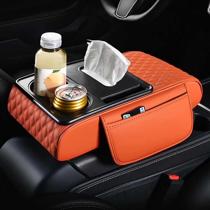 Car Center Console Armrest Pad, Arm Rest Box Cushion with Ergonomic Height Boost, Storage Pockets, Built-in Tissue Box, Cupholder, Fit for Most Sedan Vehicles (Embroidery Water Ripple, Black-Red)