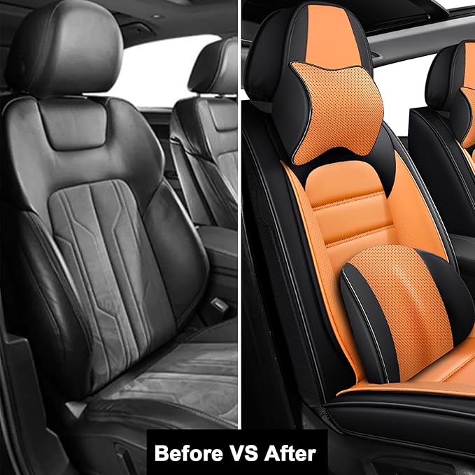 AREKA 2 Car Seat Covers for Subaru Crosstrek 2016-2026 Breathable Leather,Waterproof Car Seat Protectors with Comfort Headrest Pillows,Automotive Vehicle Cushion with Storage Pockets (Luxury,Orange)