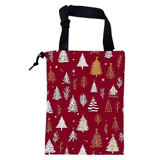 KXWQTRDD Car Garbage Bag White and Gold Xmas Trees Hanging Canvas Car Trash Bag Drawstring Car Back Seat Organizer for Car Back Front Seat Console with Adjustable Buckle