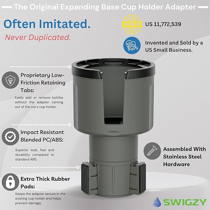 Swigzy Car Cup Holder Expander, Adjustable Expandable Insert Extender, Automotive Adapter Holds Hydro-Flask, Yeti, Nalgene, Large (32 40 oz) Water Bottles, Big Drinks - Universal Auto Vehicle (Gray)