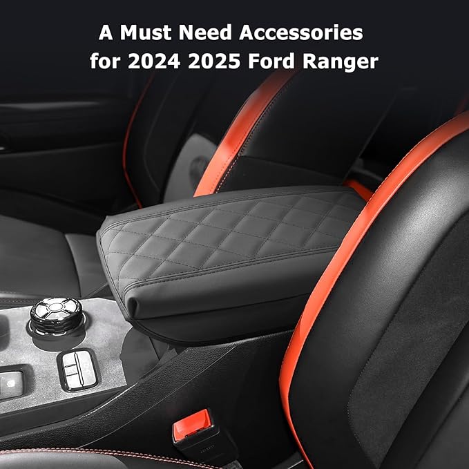 Center Console Cover Compatible with 2024 2025 Ford Ranger Accessories 2025 Ranger XL/XLT/Lariat/Raptor Armrest Console Cover Soft Leather,Thick Black