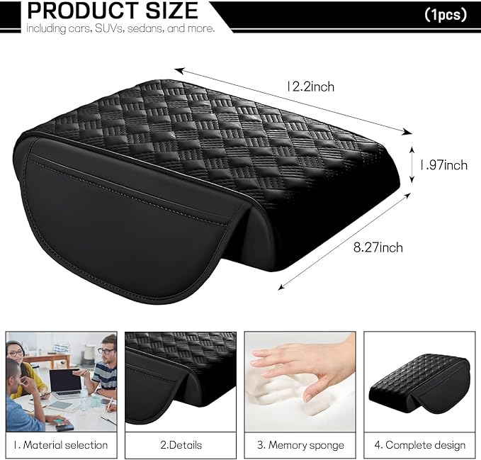 Hbxdeco Car Armrest Cushion, 12.2"×8.3" Leather Auto Memory Foam Center Console Pad with Storage Pocket, Waterproof & Anti-Scratch Elbow Pillow Armrest Seat Box Protector, Universal Fit (Black)