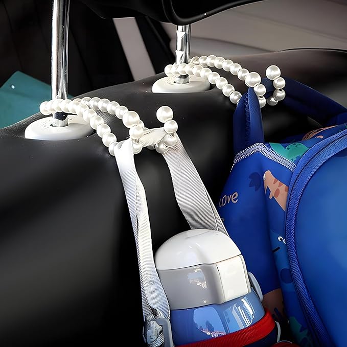 2PCS Elegant Pearl Car Seat Headrest Hook, Cute Vehicle Back Seat Hanger Purse Hook, Auto Interior Decor Strong Load-Bearing Headrest Hanger for Handbag Keys Grocery Bags