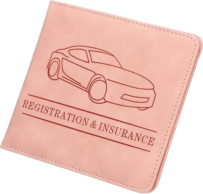 HARFINGTON Car Registration and Insurance Holder 5.63" x 5.31" PU Leather Vehicle Glove Box Organizer Storage Accessories Men Women Car ID Holder for License ID Card Bank Card, Pink