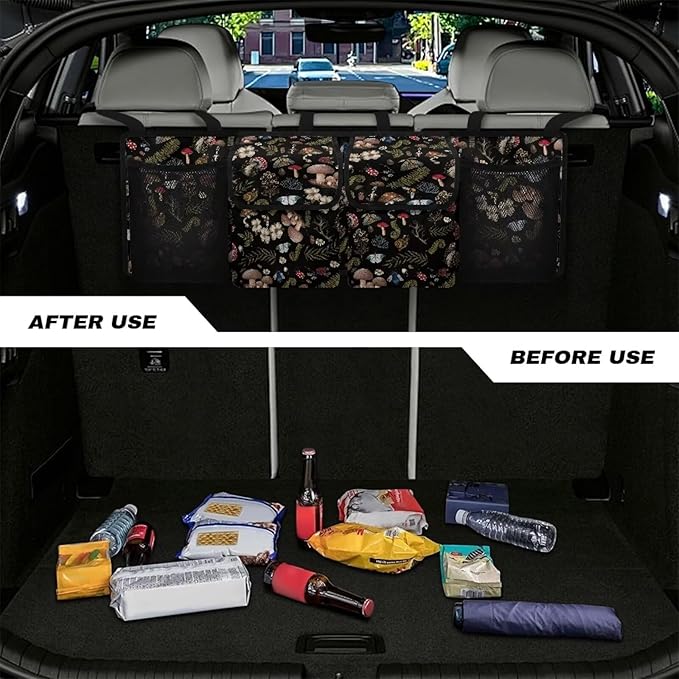 Mushroom Forest Car Trunk Organizer, Large Capacity Auto Backseat Hanging Storage Bag with Adjustable Strap & 4 Pockets, Space Saving Car Back Seat Cargo Bag, Car Interior Accessories