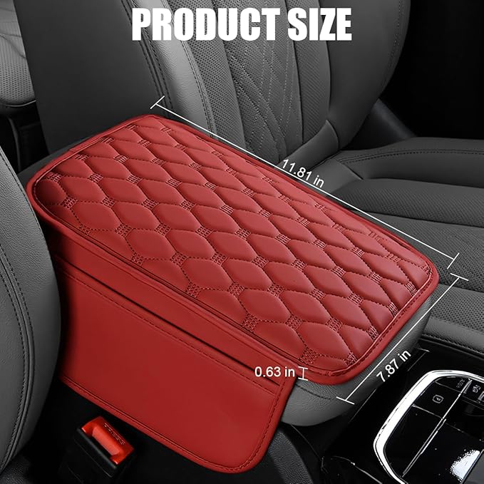 Car Center Console Cover, Leather Vehicle Armrest Cover Cushion with 2 Storage Bags, Automotive Interior Arm Rest Seat Box Pad Accessories, Universal for SUV Sedan Truck (Wine Red)
