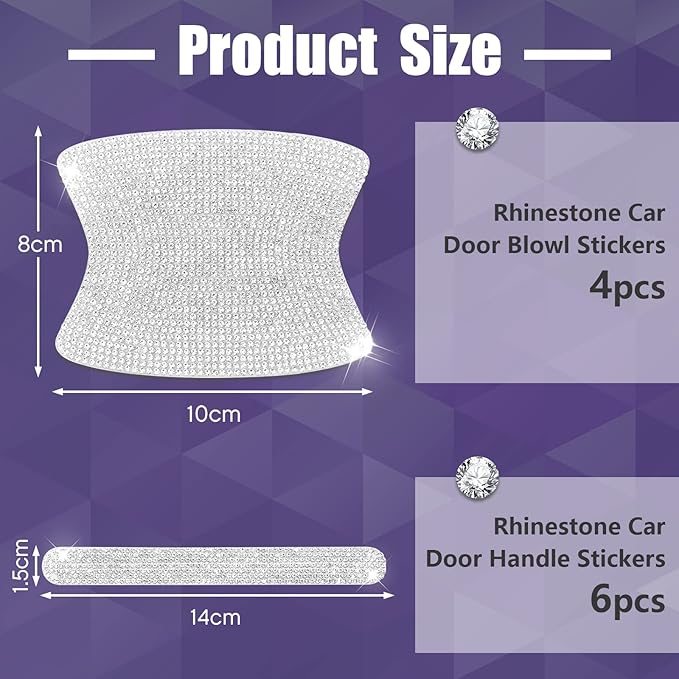 Frienda 10 Pieces Bling Car Accessories for Women Bling Car Door Handle Protector Door Handle Covers for Car Rhinestone Car Bowl Protector Accessories Women Stickers(Silver)