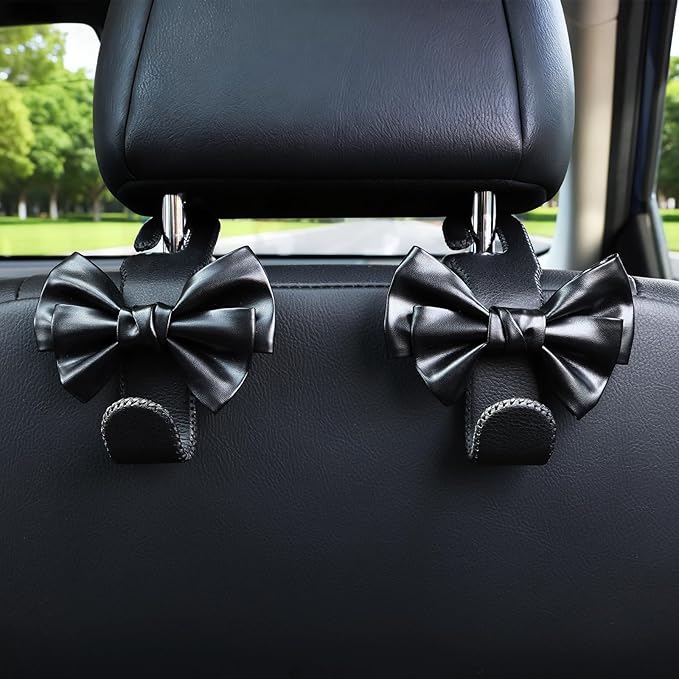 TISOHUGO Car Purse Hook, Cute Bow Hooks for Headrest - Leather U-Shaped Purse Holder for Car, Flexible Seat Back Organizer & Durable Vehicle Accessories for Bags, Coats & More (Black-2 Pack)