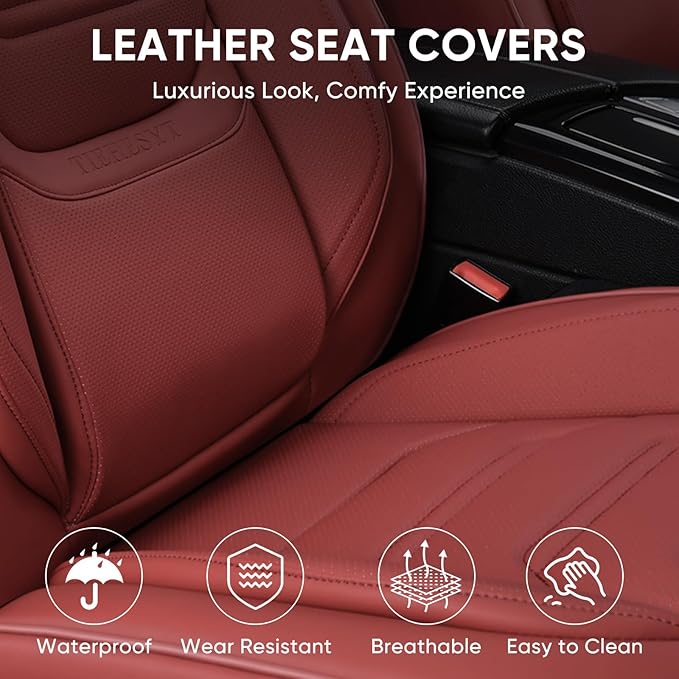TIEHESYT Wine Red Car Seat Covers Full Set, Breathable Leather Automotive Front and Rear Seat Covers & Headrest for Comfortable Driving, Universal Auto Interior Fit for Most Kinds of Vehicles, Cars