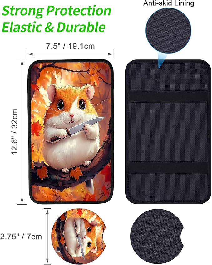 JANENFNA Car Armrest Cover Pads Universal Fashion Cute Auto Center Console Armrest Cover Pad with 2PCS Car Coasters Soft Waterproof Car Armrest Seat Protector for Women,Cate Hamster
