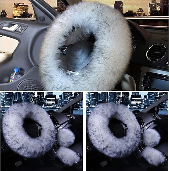 3 Pcs Car Steering Wheel Cover & Handbrake Cover & Gear Shift Cover Set Faux Wool Warm Winter (White&Gray)