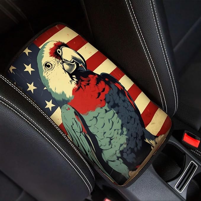 Car Center Console Pad, Universal Waterproof Car Armrest Seat Box Cover, Car Interior Accessories for Most Vehicle SUV Truck Vintage American Flag Parrot Car Armrest Pad