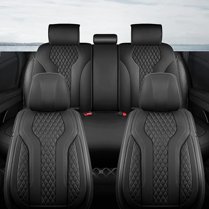 FEINEPRO Leather Car Seat Covers Full Set, Breathable Faux Leather Seat Covers for Cars SUV Sedan Waterproof Black