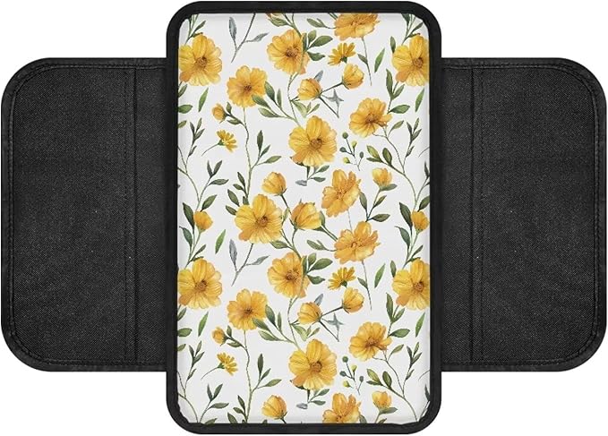 Dreaweet Yellow Floral Print Center Console Cover Car Armrest Cover with Storage Pockets Universal Arm Rest Cushion Universal Center Console Pad Car Interior Accessories