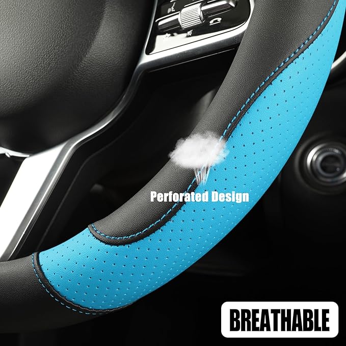 Binsheo Microfiber Leather D Shaped Steering Wheel Cover, Breathable, Anti Slip, Universal 15 inch, Black with Blue