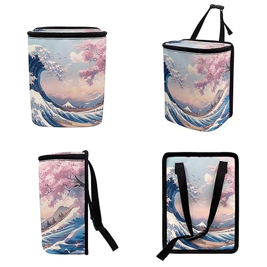 1.2 Gallons Car Trash Can, Ukiyo-e Print Car Garbage Can for Back Seat, Leak-Proof Zipper Seal, Durable Polyester Material Washable, Ideal for Car Interior & SUV - Auto Garbage Solution