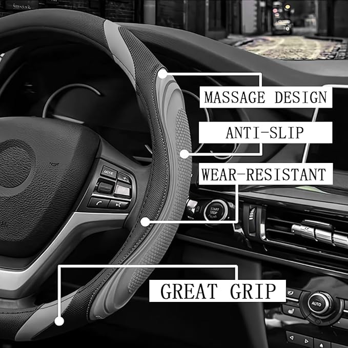 15 Inch Car Leather Steering Wheel Cover, Automotive Accessories Elastic Breathable Anti-Slip Soft Wheel Protector Fits Men and Women, Suitable for SUVs, Trucks, Vehicles and RVs (Gray)