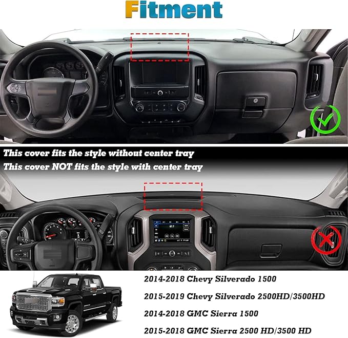 x xotic tech Dashboard Mat Cover for Chevrolet Silverado GMC Sierra 1500 2500 3500 2014-2018 Pre-Cut Non-Slip Sunshield Sun Glare Protector Dash Carpet Pad Black