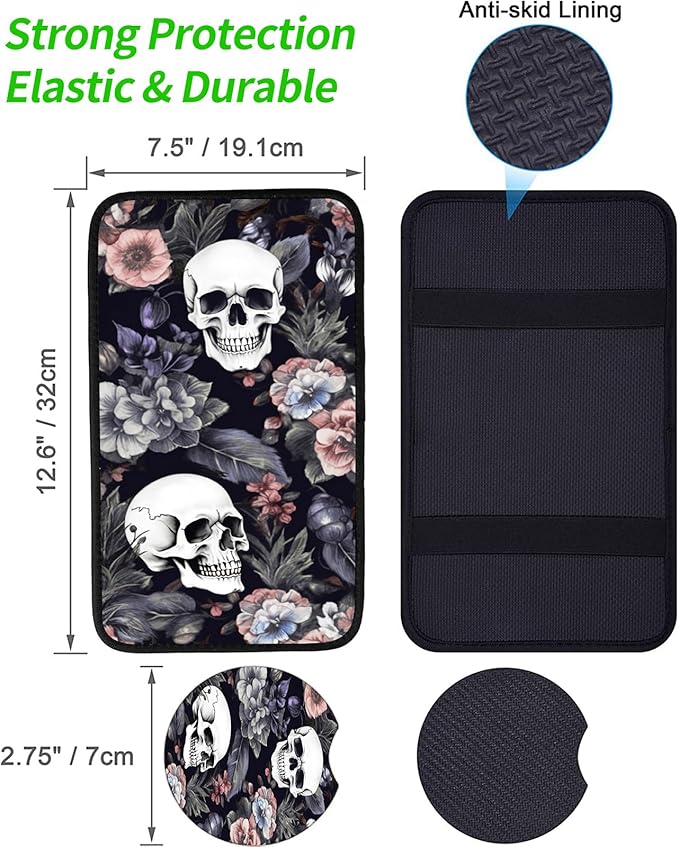 JANENFNA Car Armrest Cover Pads Universal Fashion Cute Auto Center Console Armrest Cover Pad with 2PCS Car Coasters Soft Waterproof Car Armrest Seat Protector for Women,Skulls Flowers