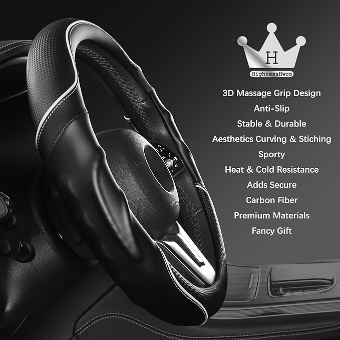 3D Car Steering Wheel Cover Comfort Grip Massage Sporty Anti-Slip Carbon Fiber Faux Leather for F150, Trucks, Jeep, Van, Car Handle Covers for All Seasons, 15.2-16in, White