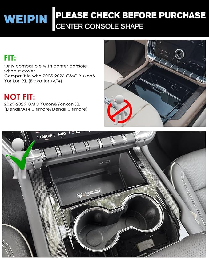 WEIPIN for 2Pcs Center Console Organizer Tray ABS Materials& TPE Wirless Mats Storage Box Compatible with 2025-2026 GMC Yukon (Elevation/AT4) - Only Compatible with Console Without Cover
