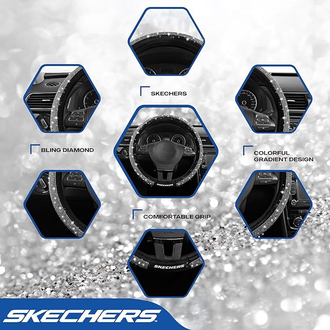 Skechers Women’s Bling Steering Wheel Cover, Velvet with Sparkly Crystal Rhinestones, Stylish Car Interior Gift, Universal Fit 14" 1/2-15" for Cars, SUVs, Trucks, Silver Diamond