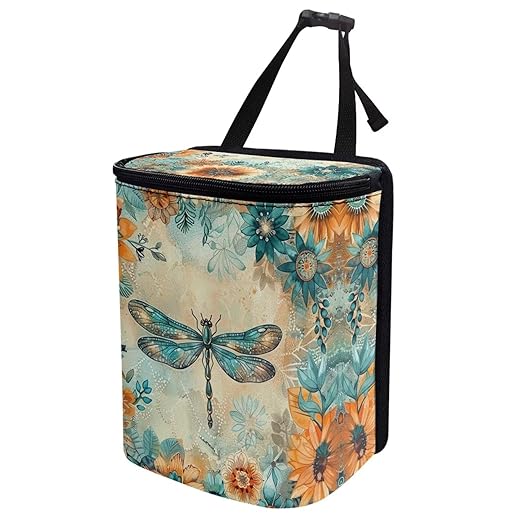 DISNIMO Floral Dragonfly Car Trash Can for Car Cute, Car Trash Bag Bin Hanging Foldable Automotive Car Garbage Cans Leak Proof Vehicle Trash Can Black
