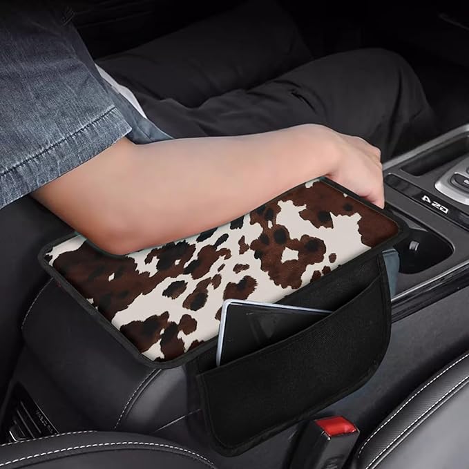 Boatee Cow Print Armrest Cover for Car Console Cushion for Auto Arm Rest Pad Vehicle Center Console Organizer Universal Arm Rest Seat Box Cover Protector Middle Console Pad Stylish Decor Brown