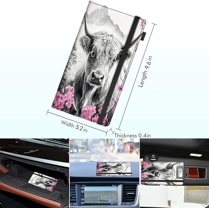 RAUEDWDJS Car Registration and Insurance Holder,Leather Vehicle Glove Box Organizer Wallet Case for Driver's License,ID Key Information Cards-Cherry Blossom Highland Cow